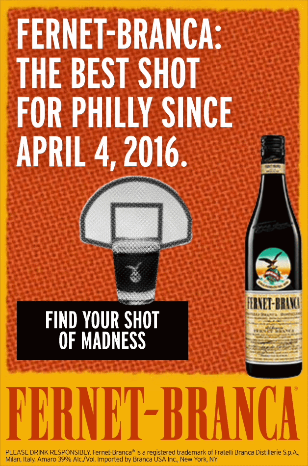 Philadelphia animated digital OOH: 'Fernet-Branca: The best shot for Philly since April 4, 2016.' orange Fernet field with a basketball hoop over a Fernet shot glass, bottle to the side, and a 'Find your shot of madness' black CTA block.
