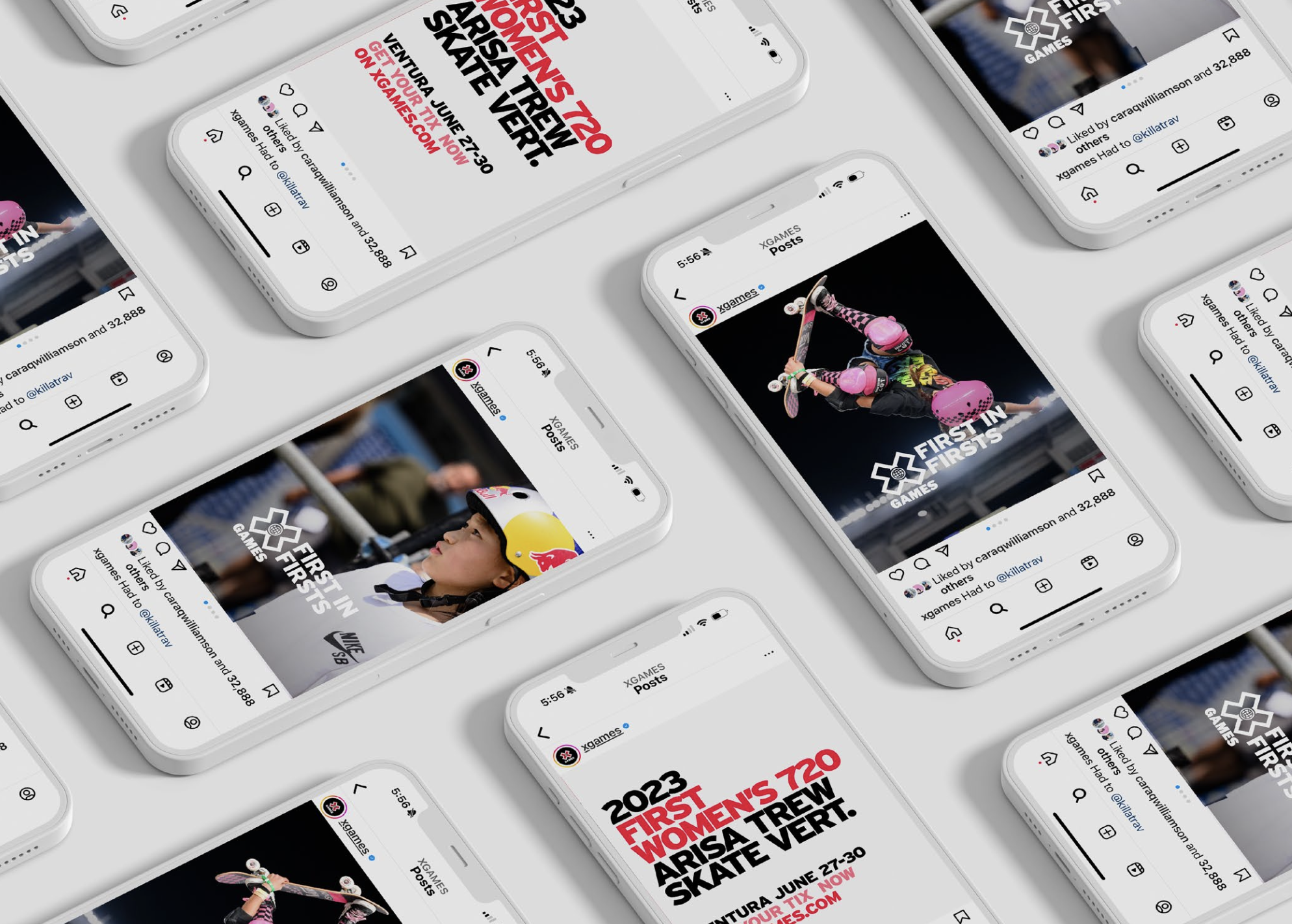 Tilted grid of Instagram posts featuring X Games First-in-Firsts creative and Arisa Trew's 2023 first women's 720