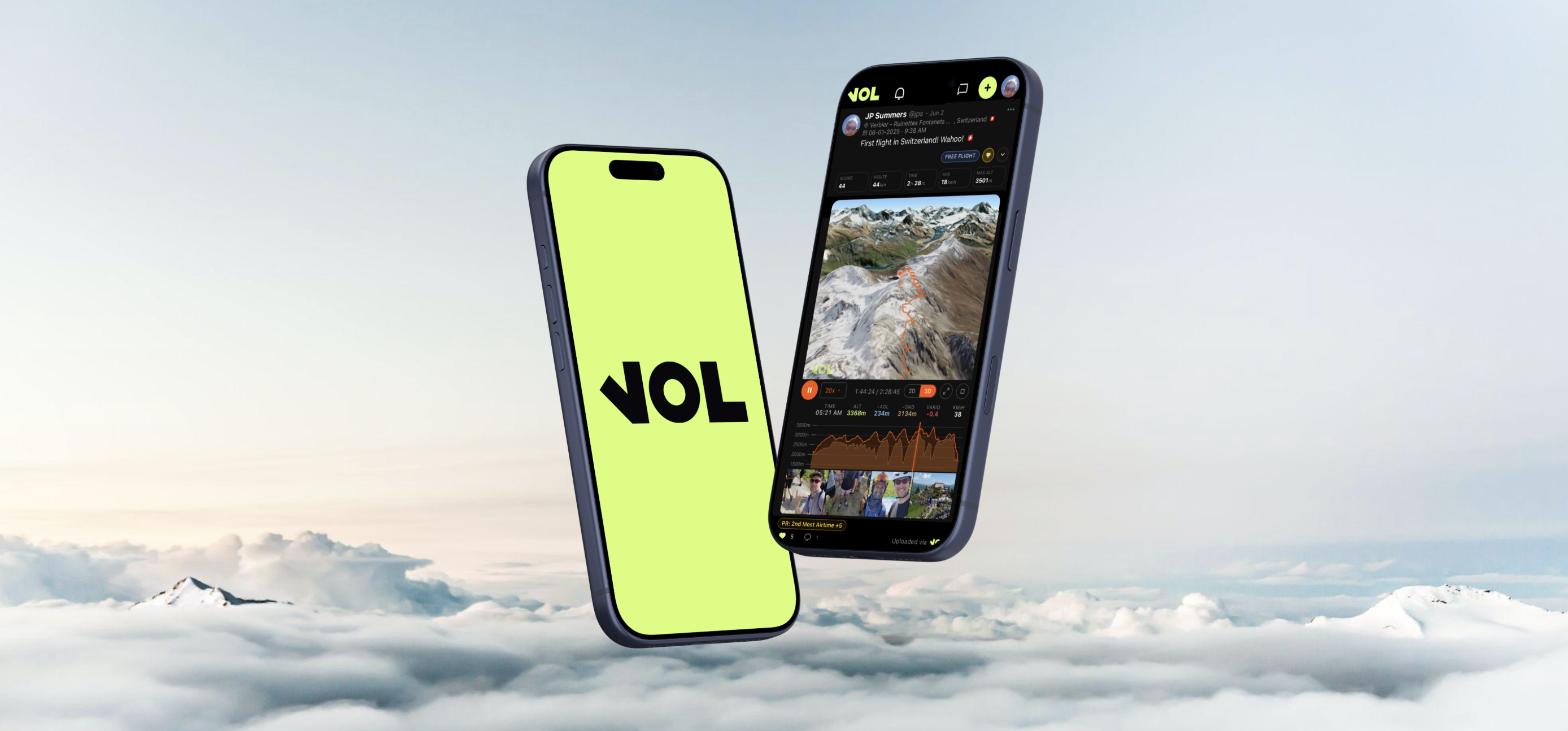 Two iPhones floating above a sea of clouds and snow-capped peaks: one shows the Vol app icon on a lime-green splash screen, the other shows a paragliding flight track over satellite terrain with stats and a feed entry below.